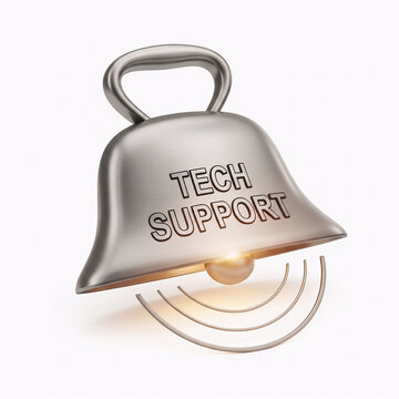 3D metallic tech support bell with glowing light for IT and customer service concept