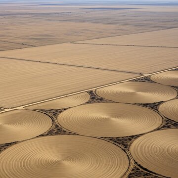 Aerial view of circular center pivot irrigation fields in arid landscape