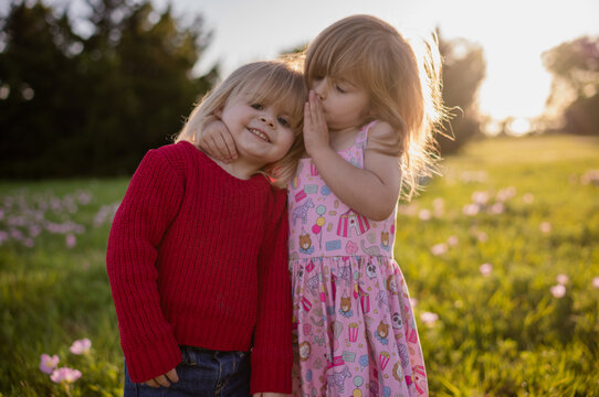 Older sister telling toddler sister a secret in spring field
