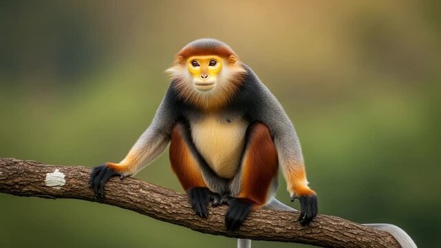 Colorful Red Shanked Douc Langur monkey sitting on a wooden branch in a lush tropical jungle habitat