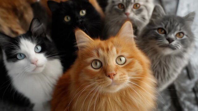 Close up group of fluffy cats sitting together, looking at camera with curious expressions, showcasing softness, cuteness, and companionship in a cozy setting.