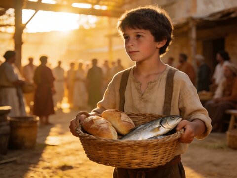 Boy holding basket with bread and fish