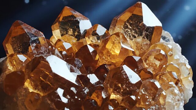 A close-up showcases a cluster of shimmering citrine crystals against a dark, starry backdrop, highlighting their intricate formations and warm, golden hues.