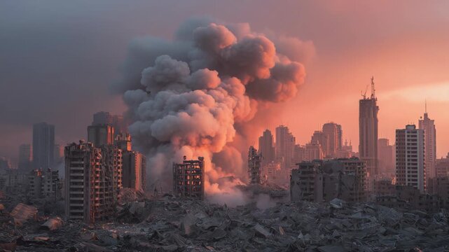 Dust cloud drifting over urban skyline after explosion, portraying warzone atmosphere, destruction, and impact of conflict with heavy haze and debris.
