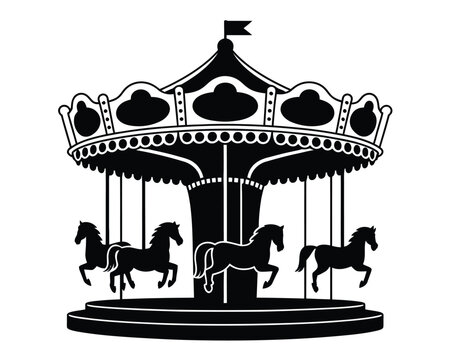 A classic vintage carnival carousel ride featuring several horses suspended for a spinning journey, detailed vector illustration with ornate decorations, nostalgic fairground atmosphere