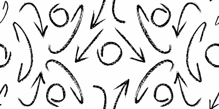 Chaotic pattern of hand drawn black arrows and circular shapes