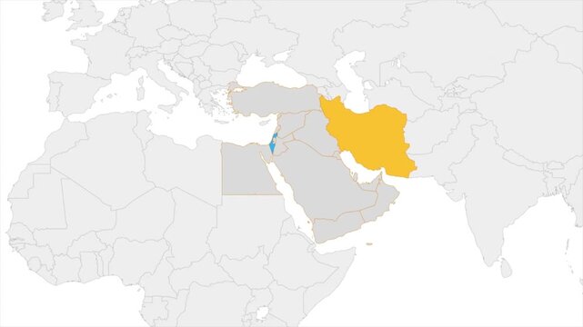 Middle East geopolitical map highlighting Iran and Israel locations with neighboring countries capitals and regional context showing strategic positions and conflict zones