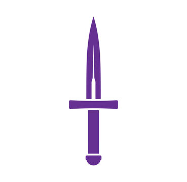 Purple dagger icon with pointed tip and crossguard on white background