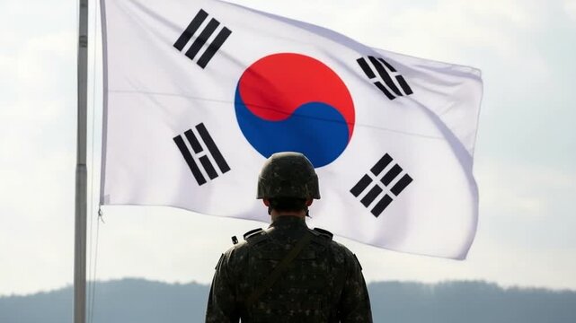 South Korean Soldier in Camouflage Uniform Facing National Flag, Military Service Concept