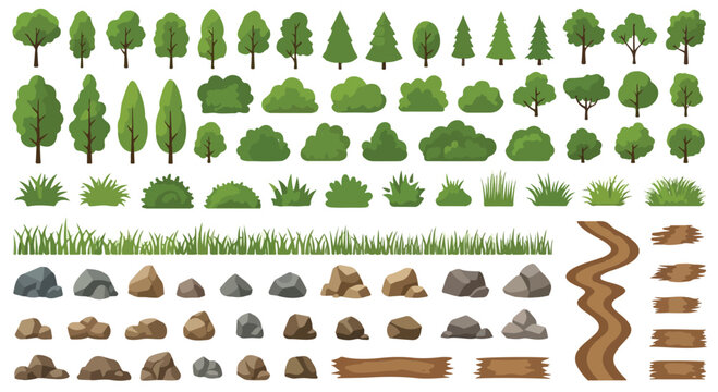 Flat nature landscape elements set, green trees and bushes collection, forest vegetation with rocks and dirt paths, outdoor environment vector kit