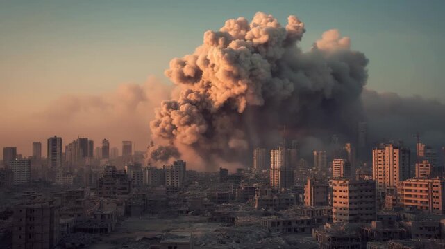 dust cloud drifting over an urban skyline after an explosion. War zone atmosphere with haze and debris symbolizing conflict and destruction.