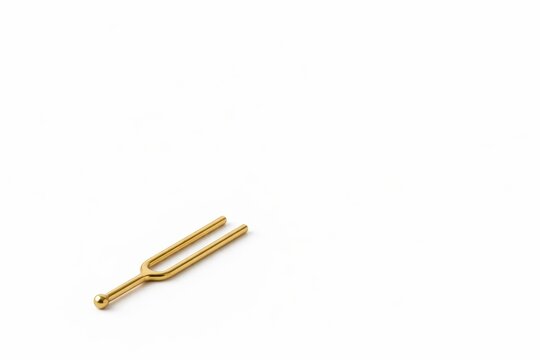 Single brushed brass tuning fork on the left side of a pure white background in an acoustic precision concept