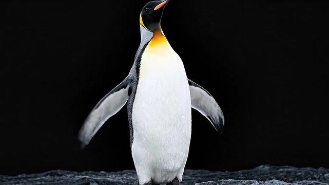 Majestic Emperor Penguin Flapping Flippers on Black Background