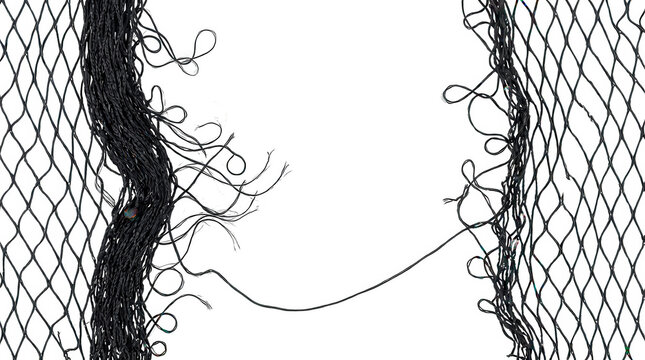 Torn black fishing net with frayed threads and loose strands showcasing damaged mesh structure and material fibers broken texture fabric rope close up detail abstract industry
