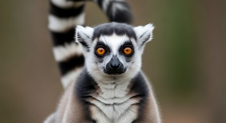 Fototapeta premium Close up of a ring tailed lemur with striking orange eyes and striped tail