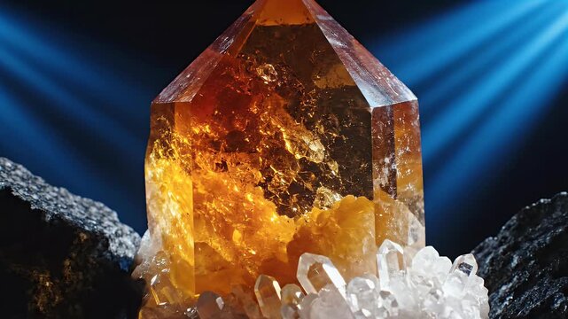 A stunning close-up showcases a large, vibrant citrine crystal surrounded by dark rocks and illuminated by dramatic blue lighting, highlighting its intricate internal structure.
