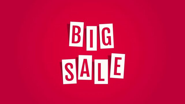 Animated BIG SALE promo video, bold white letter tiles drop with random rotation on red background, 3D shadow effect