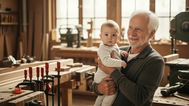Senior Caucasian grandfather holding infant baby in traditional woodworking workshop for family legacy