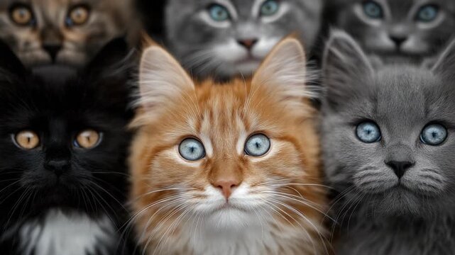Close up group of fluffy cats sitting together, looking at camera with curious expressions, showcasing softness, cuteness, and companionship in a cozy setting.