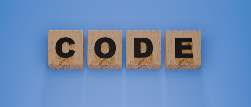 Code in Blocks: A minimalist display spells out CODE using individual letter blocks, set against a clean backdrop.
