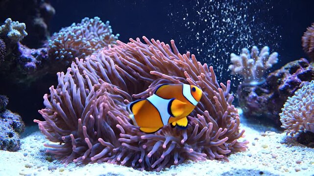 A vibrant clownfish finds shelter within the protective embrace of a pink sea anemone in a beautifully lit aquarium.