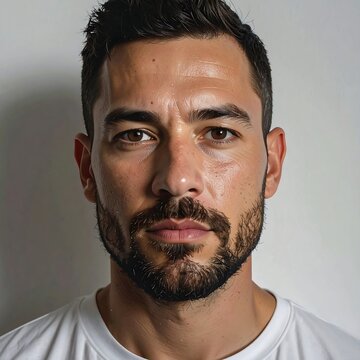 A close-up portrait of a man with short dark hair and a beard
