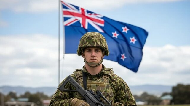 Young Caucasian Male Soldier in Camouflage Uniform Standing Before New Zealand Flag
