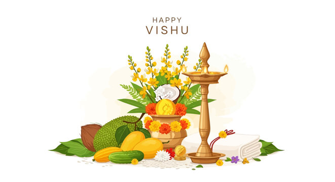 Vector illustration showcasing a Happy Vishu Kani concept with traditional Kerala culture elements like golden shower flowers, oil lamp, and fruits arranged against a clean white