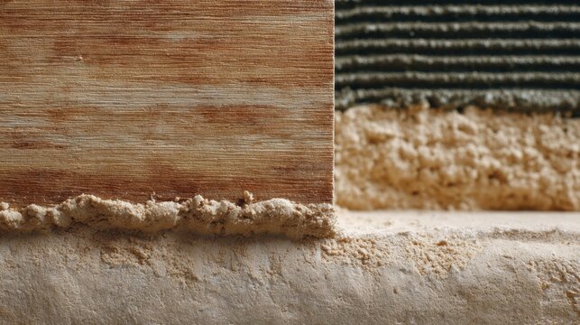 Close-Up Image of Wood Dust and Building Material on Construction Surface with Layered Texture and Details