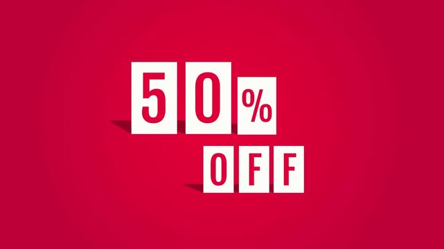 Animated 50% OFF discount promo video, bold white tiles drop animation on red background, 3D shadow effect
