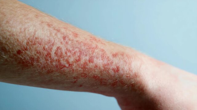 Close up of red rash spots on arm, illustrating dermatology condition, skin irritation, and medical concern in a clean minimal background.