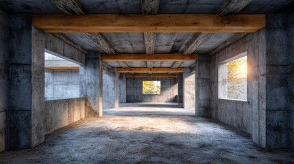 Fototapeta premium Modern Industrial Interior Space with Concrete Walls and Wooden Beams, Bright Natural Light Streaming Through Windows