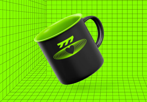 Floating Mug Mockup With Green Grid PSD