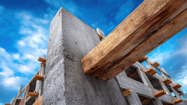Construction site showcasing concrete column and wooden beam against blue sky with clouds, modern building materials