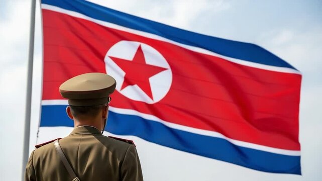 East Asian Male Soldier in Uniform Looking at Large Red Star Flag, Geopolitical Propaganda Concept