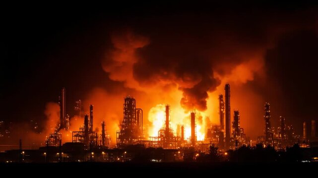 Oil refinery factory engulfed in flames with heavy smoke. Intense industrial fire scene symbolizing energy crisis, danger, and environmental impact.