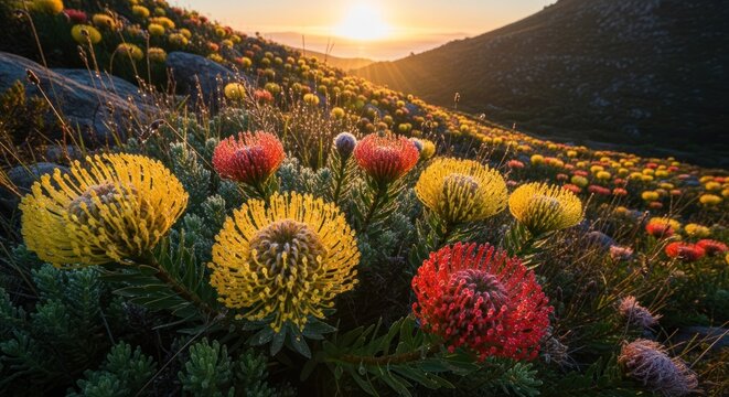 Vibrant Fynbos Flowers Bloom at Sunrise in South Africa.
