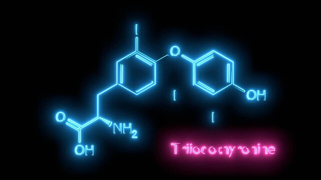 Triiodothyronine ,T3, liothyronine thyroid hormone molecule. Pituitary gland hormone. Also used as drug to treat hypothyroidism. Skeletal formula. Neon glowing.