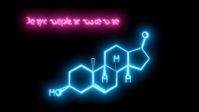 Androstenone or dehydroepiandrosterone chemical formula. Neurotransmitter and human hormones in brain. Neon glowing.