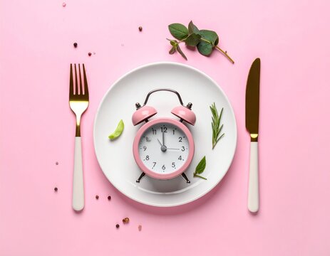A white alarm clock sits on an empty plate with silverware and a napkin on a clean kitchen table to signal that it is time for breakfast