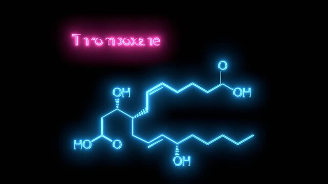 Thromboxane B2 biomolecule molecular formula. Skeletal molecule structure. Neon glowing.