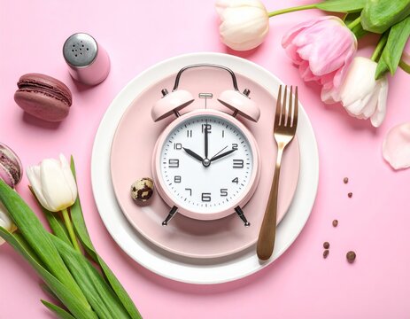 A white alarm clock sits on an empty plate with silverware and a napkin on a clean kitchen table to signal that it is time for breakfast
