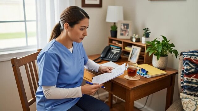 Hispanic female home health nurse case manager reviewing patient charts at home desk