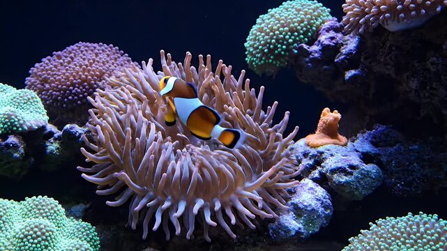A vibrant clownfish finds shelter within the protective tentacles of a sea anemone amidst a colorful coral reef.