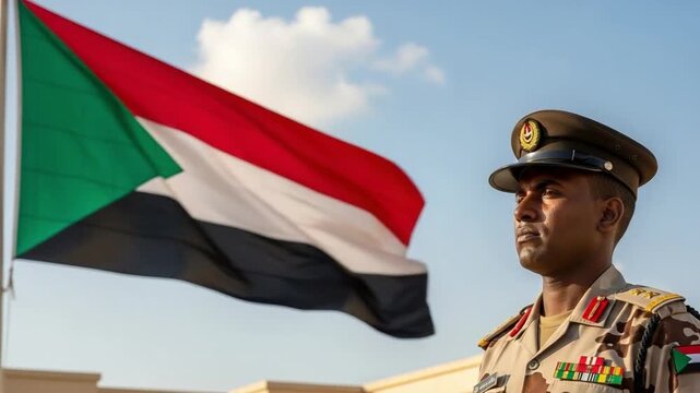 Sudanese Military Officer in Camouflage Uniform Standing Before National Flag
