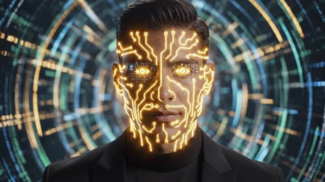 Man wearing digital circuitry face projection with glowing eyes and futuristic binary motion background for high tech video animation