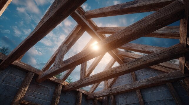 Sunlight Shines Through Wooden Roof Beams in Rustic Underconstruction Building with Stone Walls