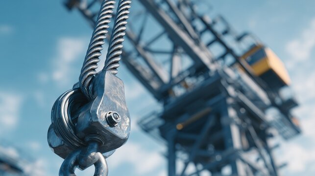 Steel hook and cable from a construction crane in use during daylight at a building site