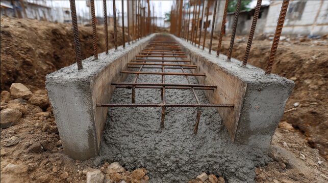 Concrete Foundation with Steel Rebar Ready for Construction in Urban Development Site Under Preparation