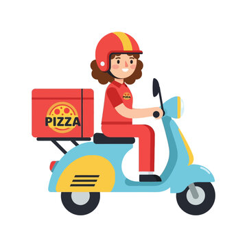 Smiling Woman Delivery Driver on Scooter Transporting Pizza for Fast Food Service &ndash; Efficient and Quick Meal Delivery Service Vector Illustration